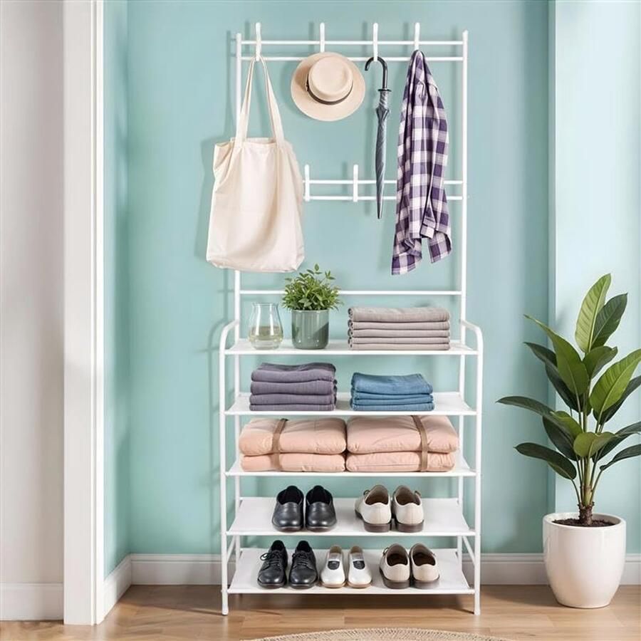 Unyqoos Ruimtebesparende Witte Kapstok met Schoenenrekken en 8 Haken voor Ruimtes