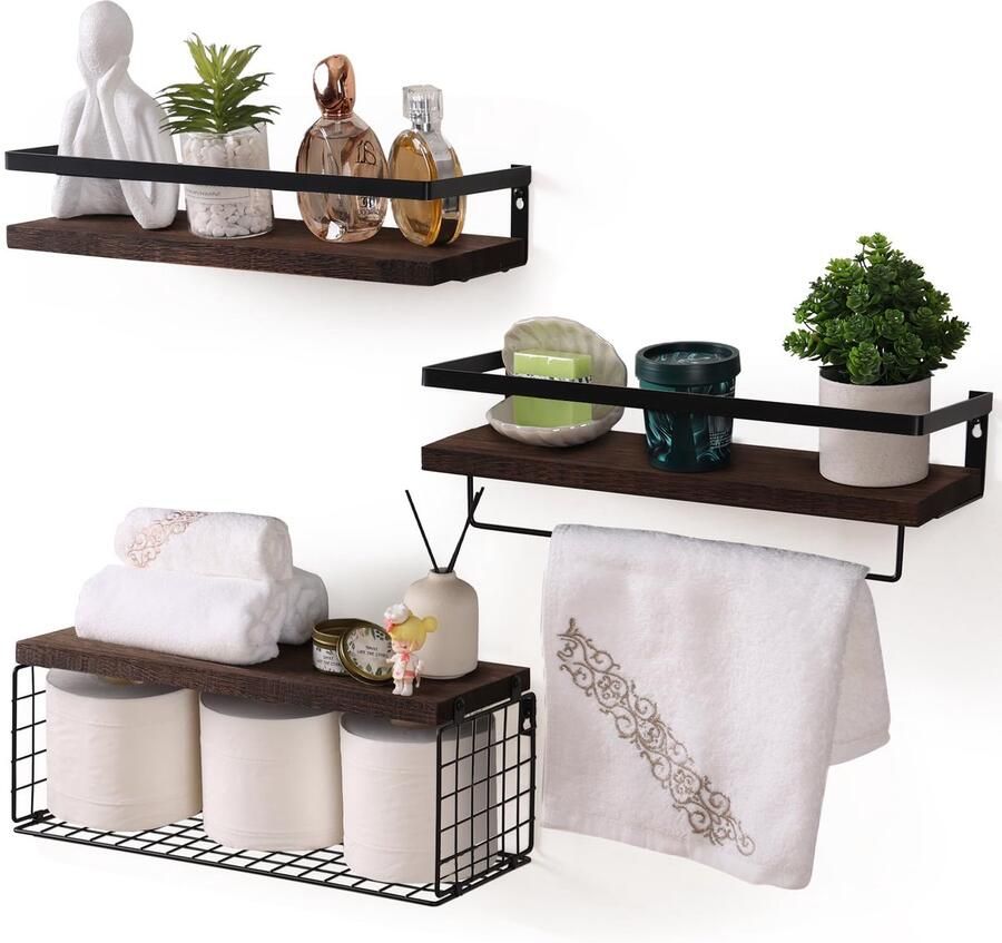 Unyqoos Set van 3 Stijlvolle Zwevende Wandrekken met Handdoekhouder en Draadmand voor Meerdere Ruimtes