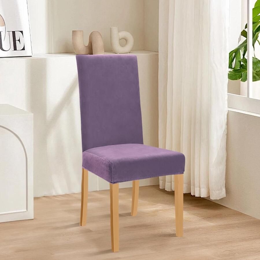 Unyqoos Set van 4 Rekbare Fluwelen Stoelhoezen voor Eetkamer Bruiloft en Hotel Wasbaar Grijs-Paars