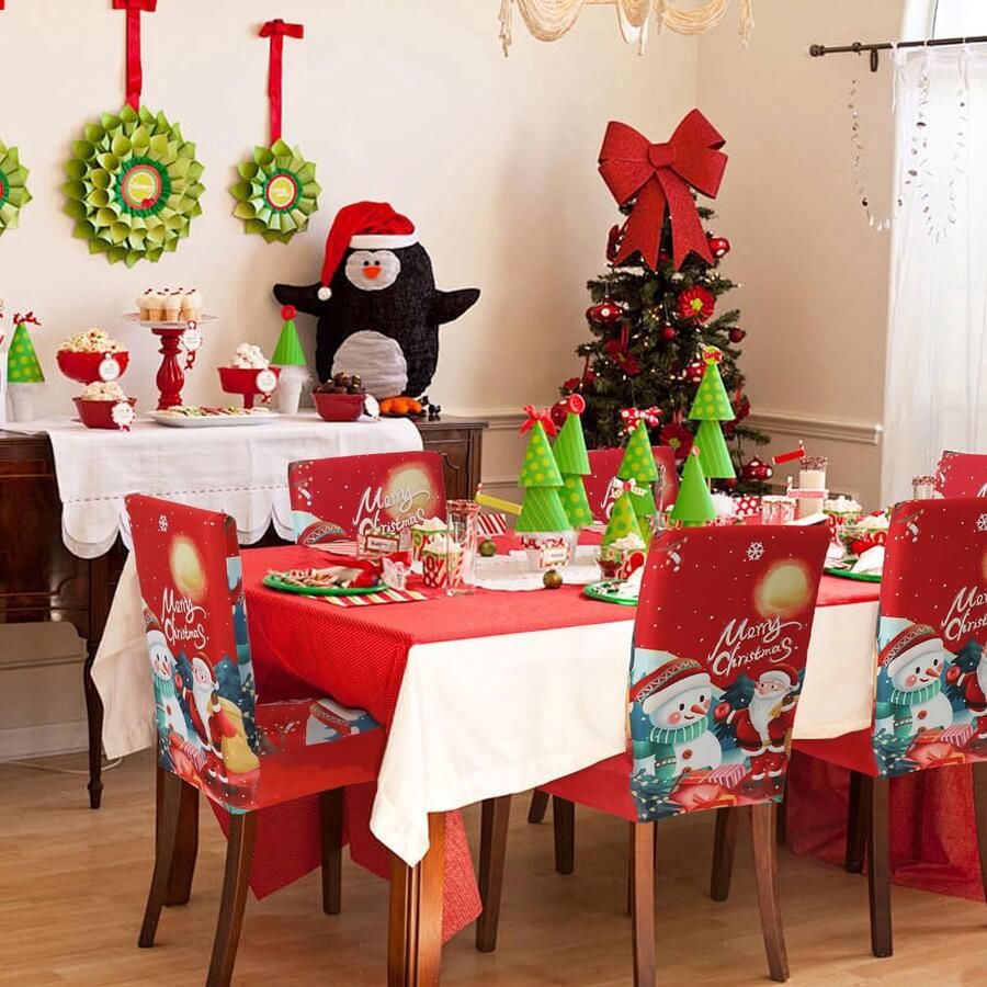 Unyqoos Set van 6 feestelijke stoelhoezen voor kerstdecoratie met sneeuwpopontwerp