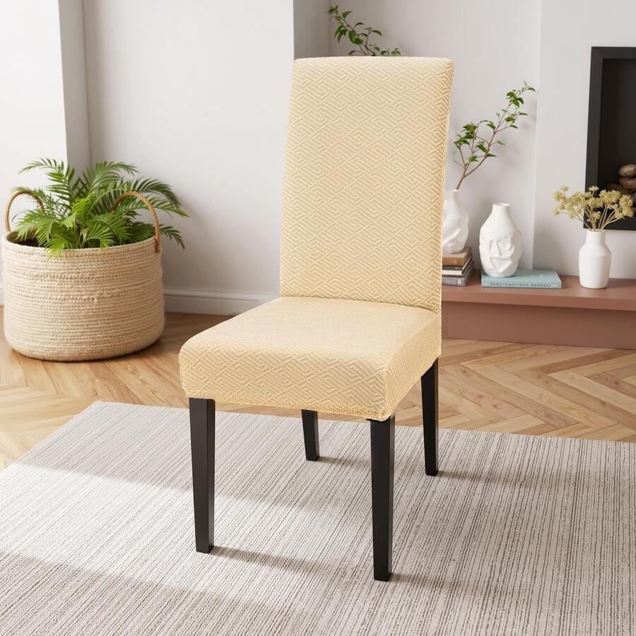 Unyqoos Set van 6 Universele Stretch Stoelhoezen voor Eetkamerstoelen Wasbaar en Beschermend met Jacquard Design