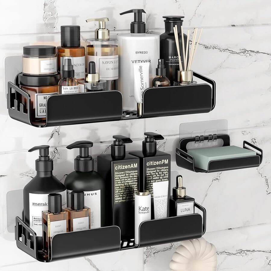 Unyqoos Set van drie zwarte doucheplanken zonder boren voor badkameropslag