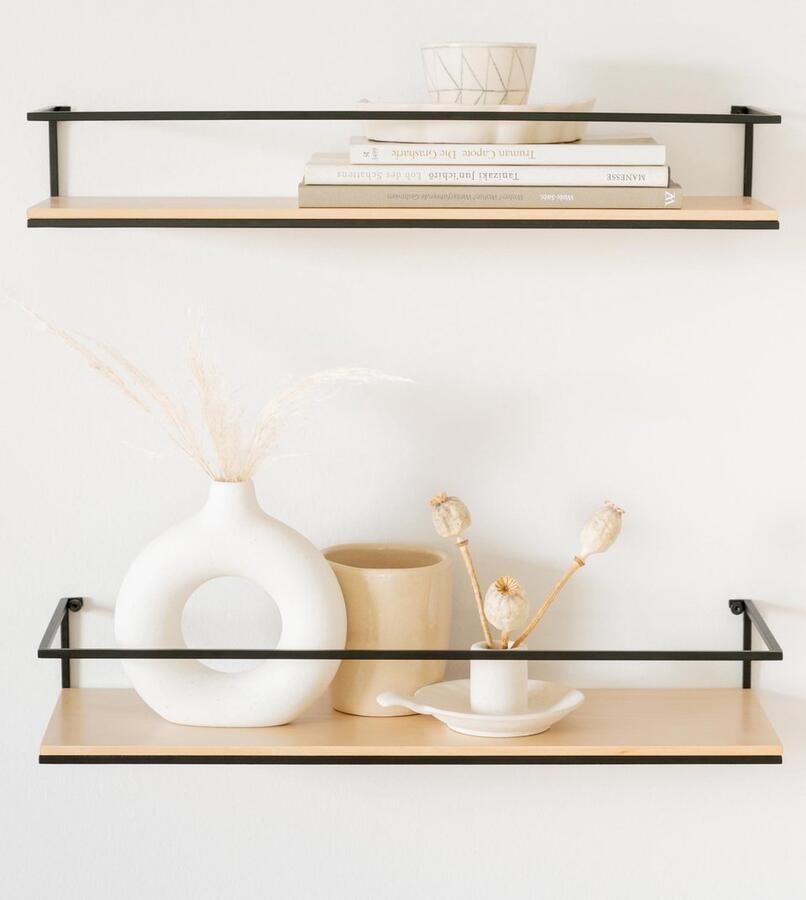 Unyqoos Set van Moderne Zwevende Wandplanken met Metaal en Houten Fineer voor Elke Kamer