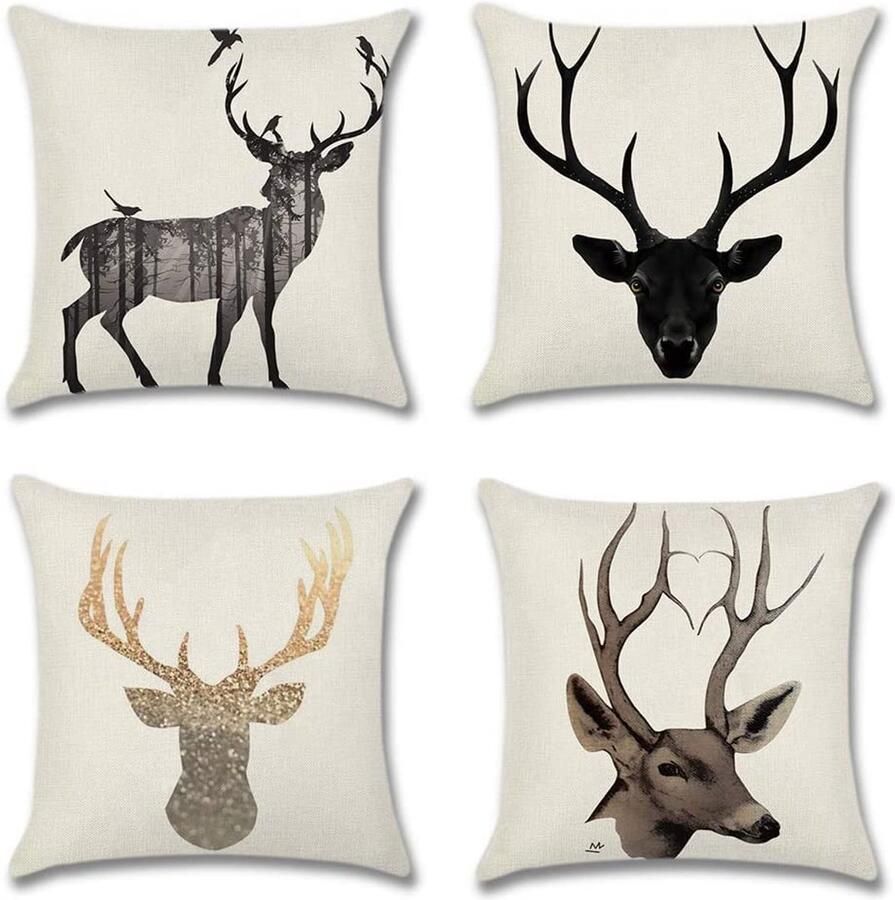 Unyqoos Set van Vier Zachte Fluwelen Kussenhoezen met Hertmotief voor Bank en Bed