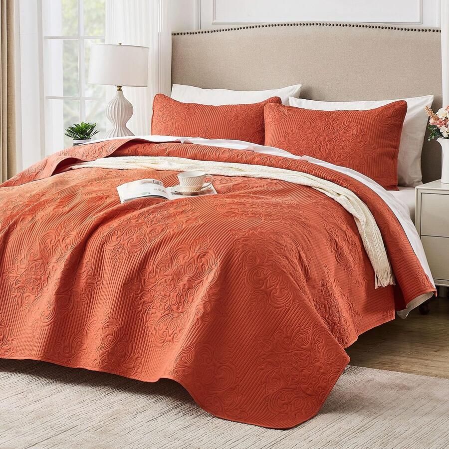 Unyqoos Sfeervolle Oranje Sprei Set met Vintage Bloemenpatroon en Kussenslopen voor Tweepersoonsbed