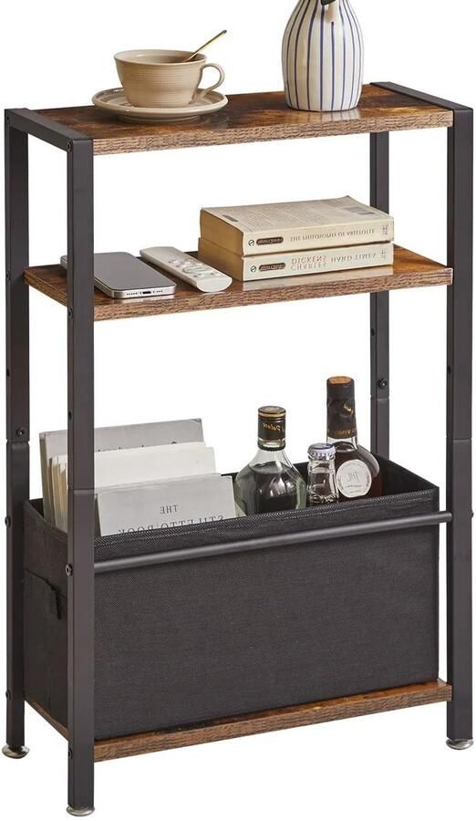 Unyqoos Slanke Industriële Bijzettafel met Opbergmand voor Smalle Ruimtes in Retro Bruin Design