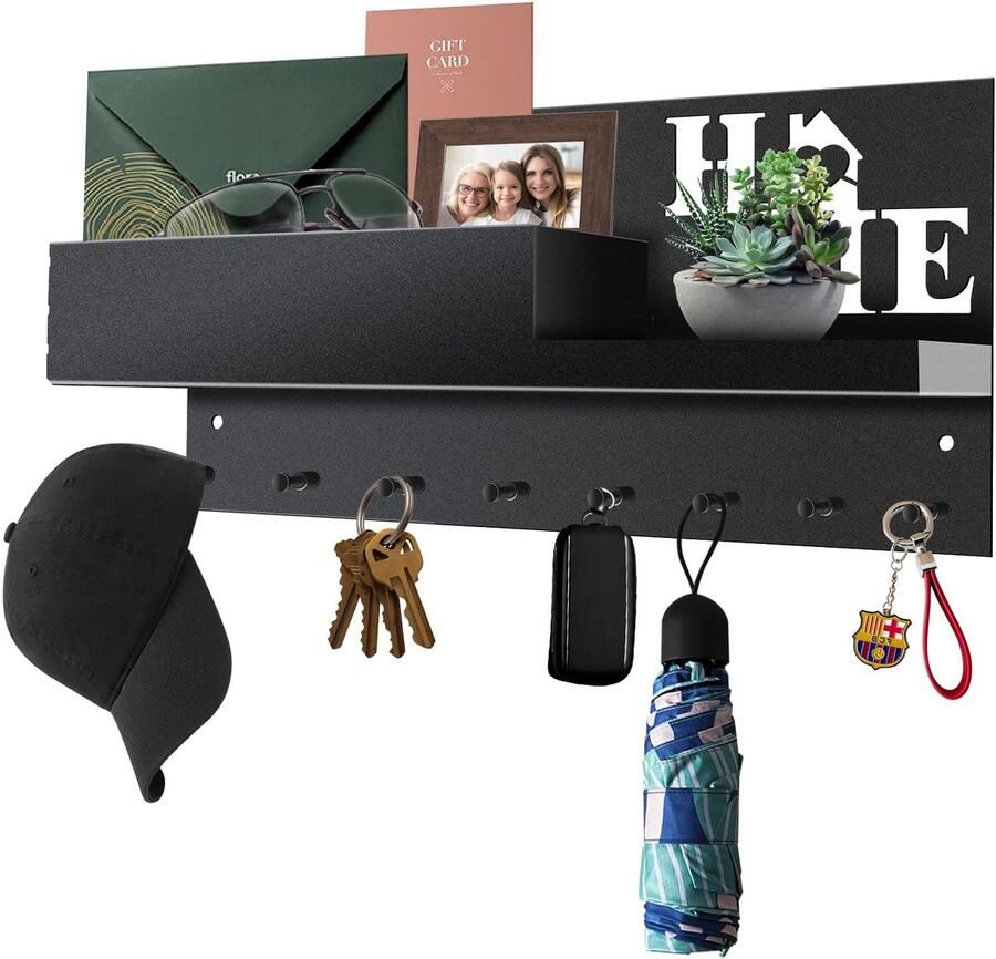 Unyqoos Sleutelhouder met Plank en 8 Haken voor Muurmontage in Zwart Roestvrij Staal voor Ruimtes