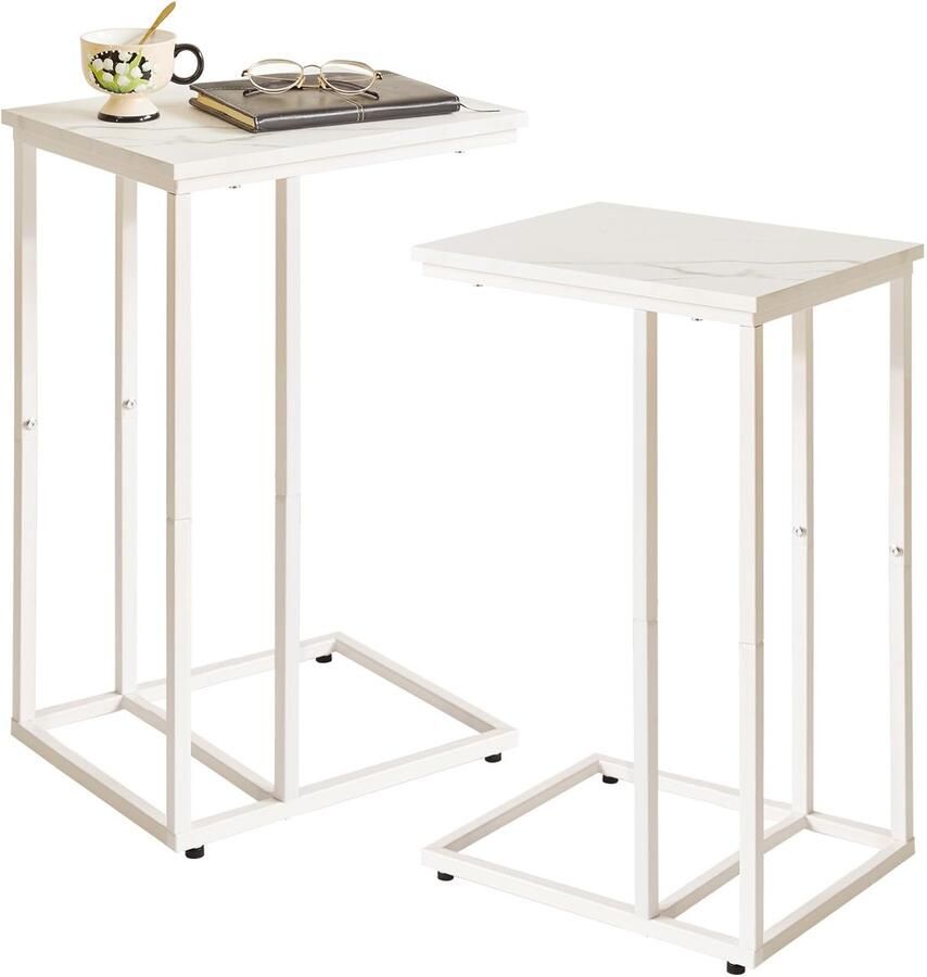 Unyqoos Stijlvolle C-vormige bijzettafels met marmerlook en wit metalen frame voor elke ruimte