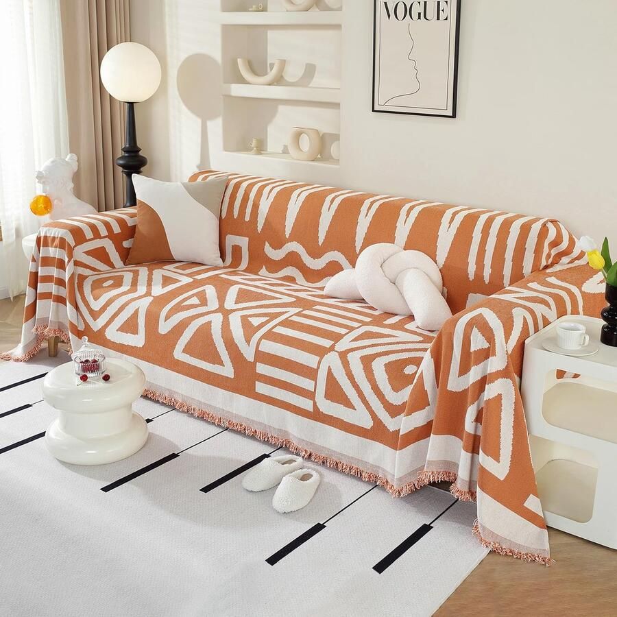 Unyqoos Stijlvolle Chenille Bankhoes met Decoratieve Kwastjes voor Bankformaten in Boho Oranje