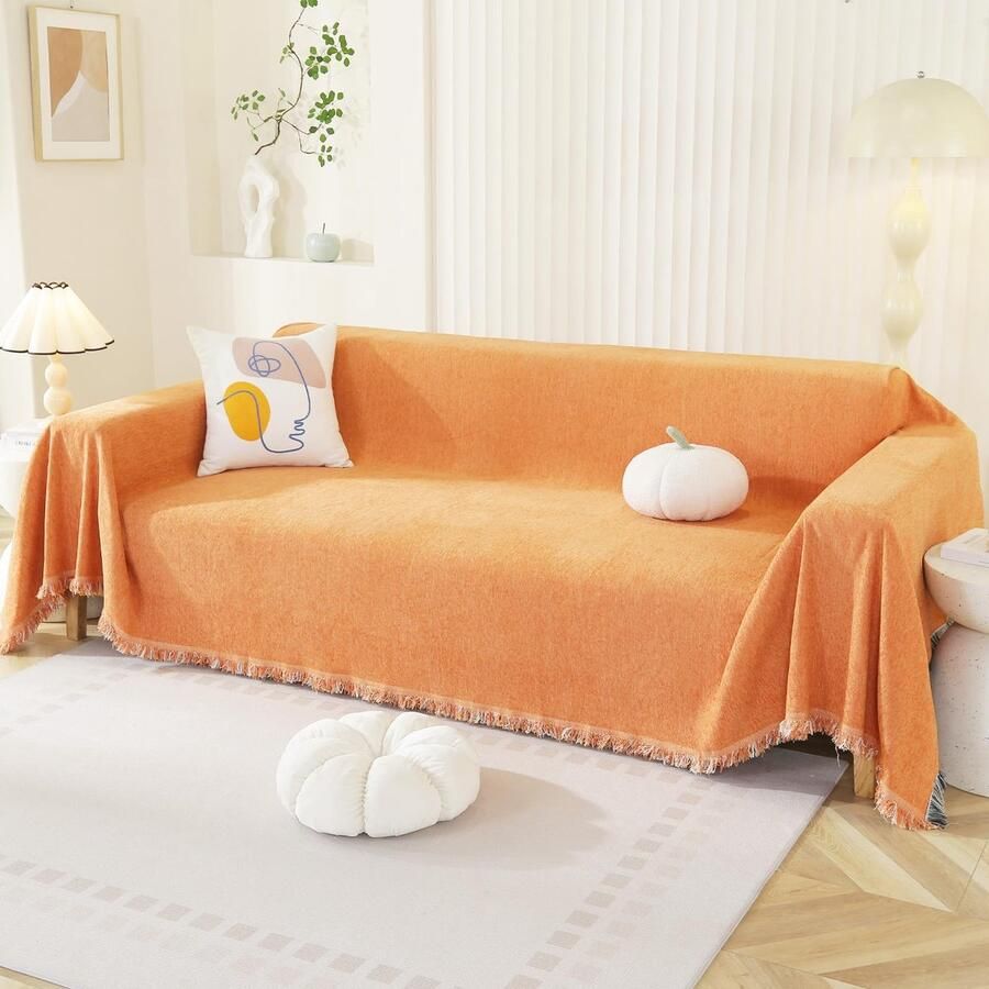 Unyqoos Stijlvolle Chenille Bankhoes met Decoratieve Kwastjes voor Bankstijlen in Zuiver Oranje