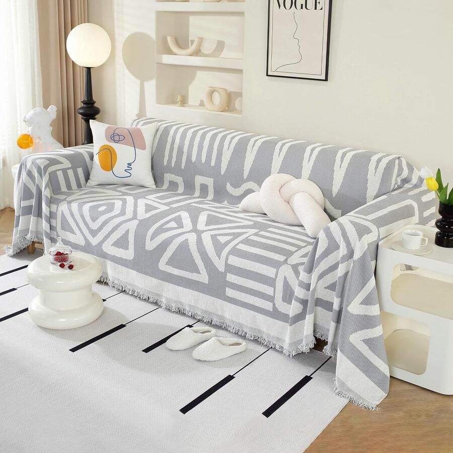 Unyqoos Stijlvolle Chenille Bankhoes voor Verschillende Bankstijlen met Decoratieve Kwastjes in Boho Lichtgrijs