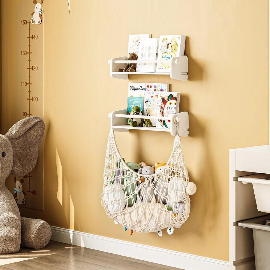 Unyqoos Stijlvolle en Praktische Montessori Wandboekenkast met Opbergnet voor Kinderkamers 3-Delige Set