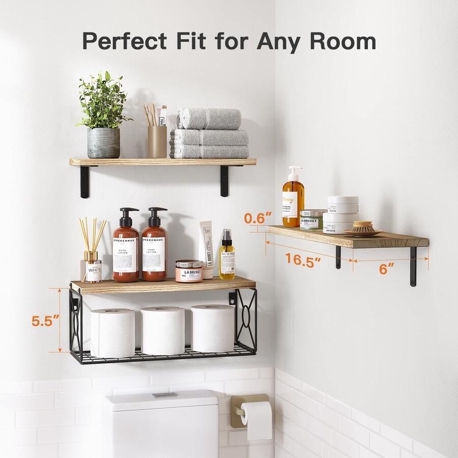 Unyqoos Stijlvolle Houten Wandplanken Set voor Ruimtes met Draadmanden