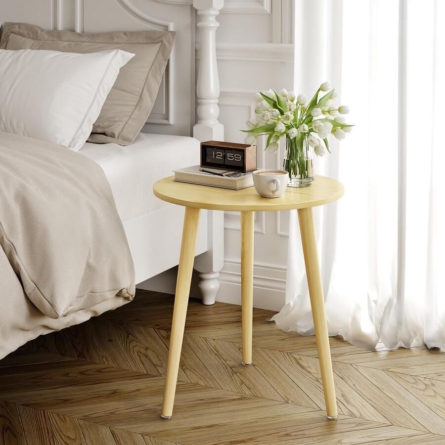 Unyqoos Stijlvolle Ronde Houten Bijzettafel met Massief Houten Poten voor Ruimtes
