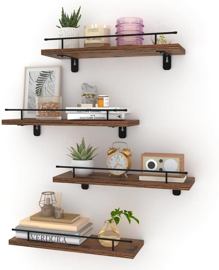 Unyqoos Stijlvolle Set van 4 Zwevende Wandplanken met Metalen Staven voor Ruimtes