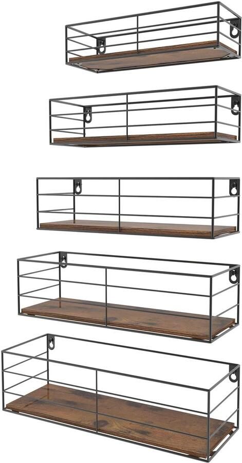 Unyqoos Stijlvolle Set van 5 Zwevende Wandrekken met Rustieke Houten Planken en Zwarte Metalen Bevestigingen