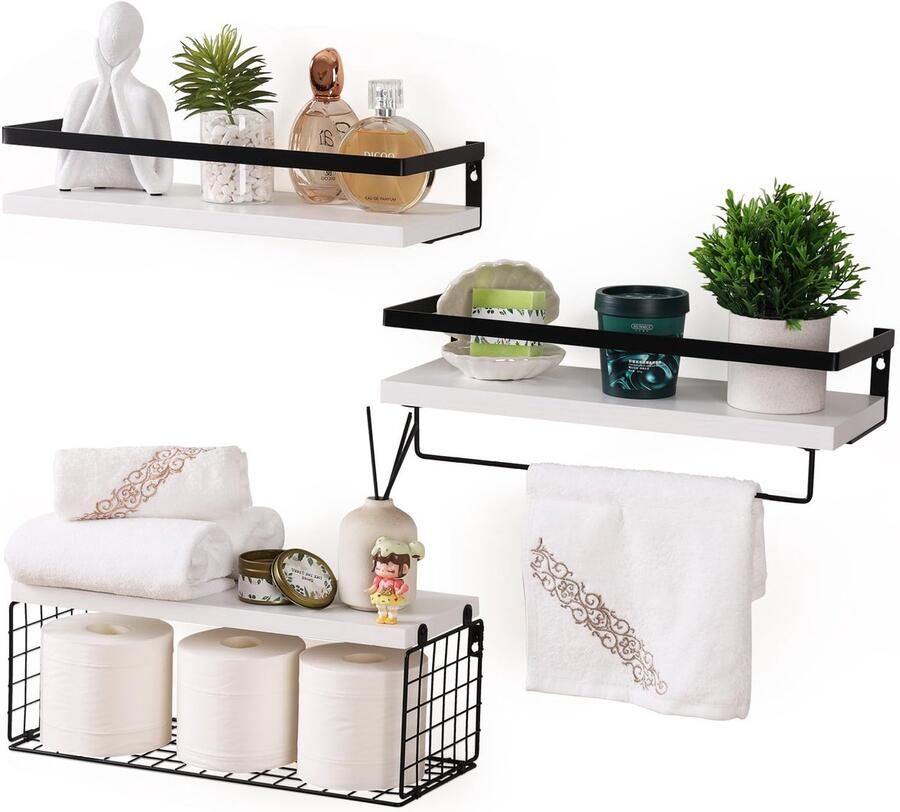 Unyqoos Stijlvolle Wandplanken Set van 3 met Handdoekhouder en Metalen Opbergmand voor Meerdere Kamers