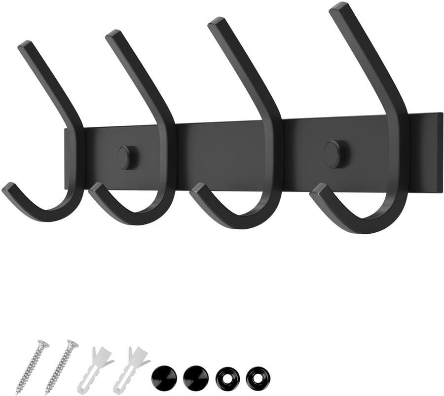 Unyqoos Stijlvolle Zwarte Wandkapstok Met Vier Stevige Dubbele Haken Voor Ruimtes Tot 20kg