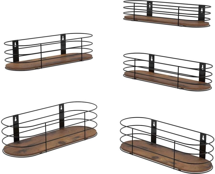 Unyqoos Stijlvolle Zwevende Wandrekken Set van 5 met Rustieke Houten Planken en Zwart Metaal voor Ruimtes