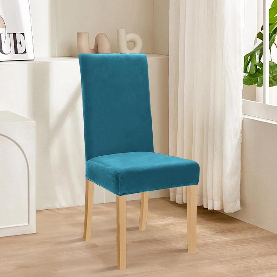 Unyqoos Stretchbare fluwelen stoelhoezen set van vier in elegante pauwblauwe kleur voor veelzijdig gebruik