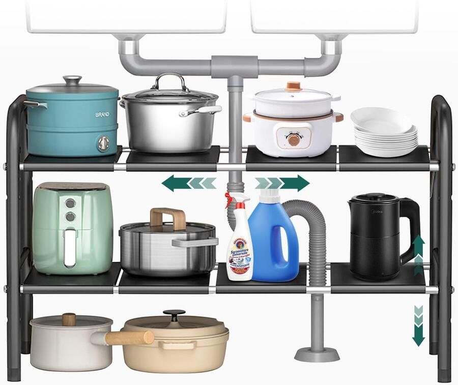 Unyqoos Uitbreidbaar en verstelbaar opbergrek voor onder de gootsteen met stevige constructie