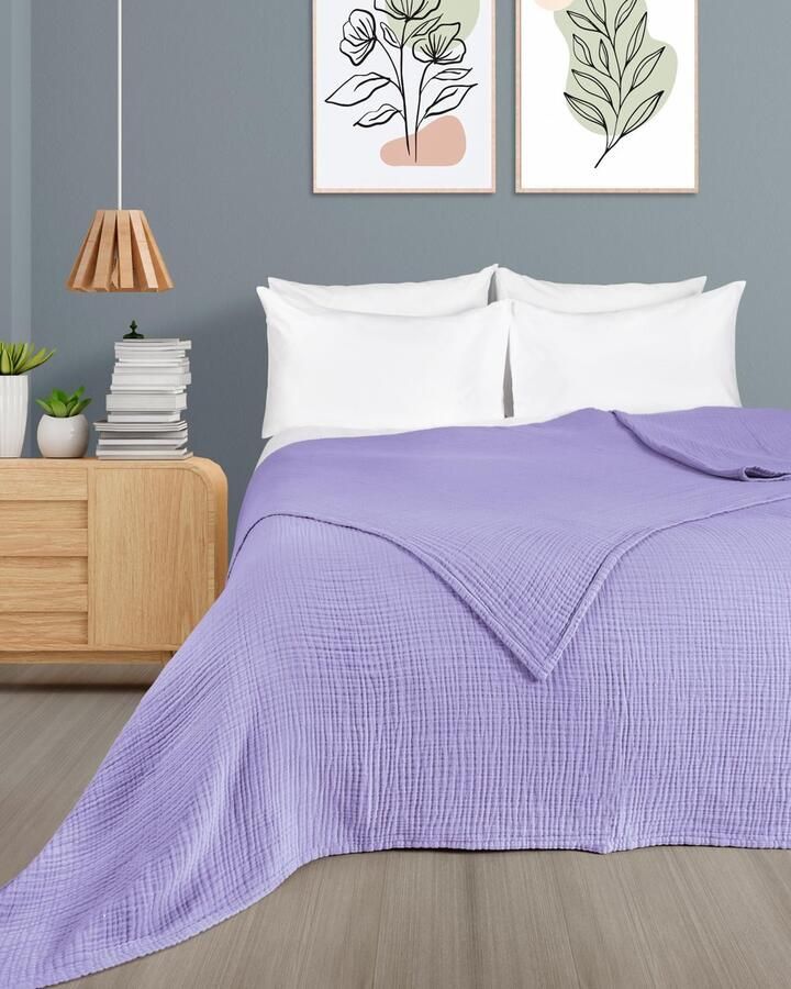 Unyqoos Ultrazachte Mousseline Sprei van 100% Katoen voor Bed en Bank 180 x 220 cm Lavendelkleurig