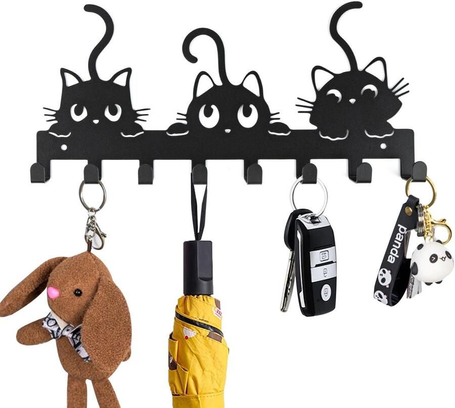 Unyqoos Zelfklevende Sleutelhouder met Uniek Kattenontwerp en Acht Haken voor Ruimtes