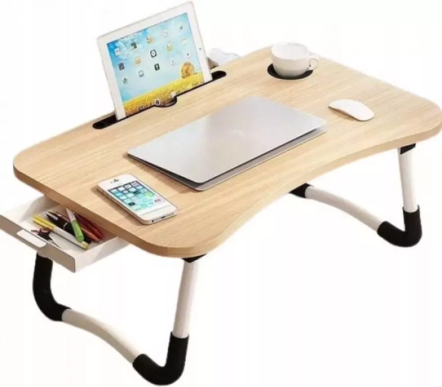 Merklose Bedtafel voor laptop iPad tablet boek huiswerk of ontbijt op bed Opvouwbare laptop tafel met bekerhouder 60x40x28 hout