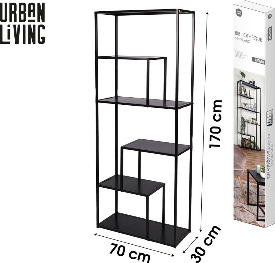 Urban Living BOEKENKAST MET 6 NIVEAUS MET ZWARTE METALEN STRUCTUUR 70X30XH170CM