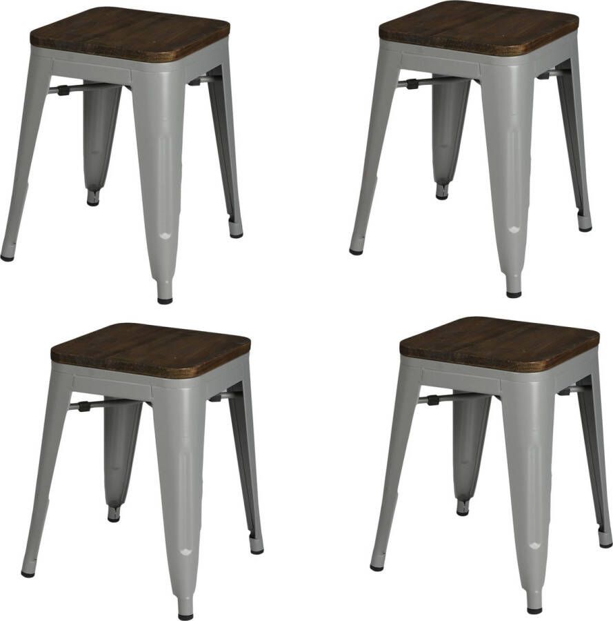 Urban Living TABOURET EN METAL GRIS MATE AVEC ASSISE EN BOIS 39X39XH46CM