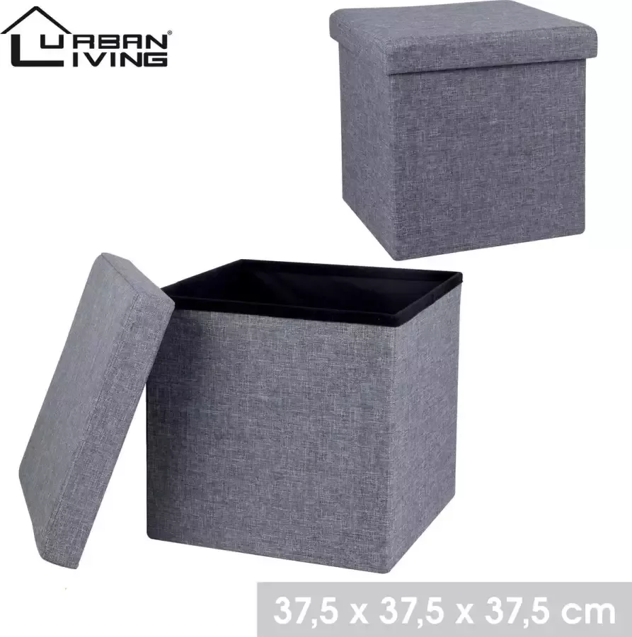 Urban Living Poef hocker opbergbox zit krukje grijs linnen mdf 37 x 37 cm opvouwbaar Poefs - Foto 2