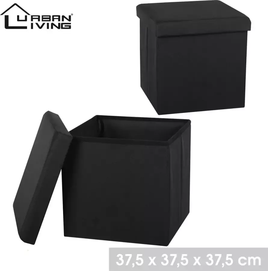 Urban Living Poef hocker opbergbox zit krukje zwart linnen mdf 37 x 37 cm opvouwbaar Poefs - Foto 2