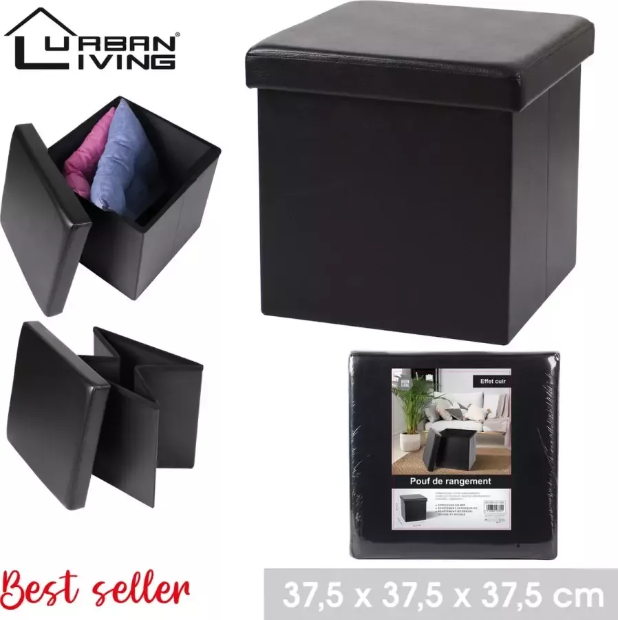 Urban Living Poef Leather BOX hocker opbergbox zwart PU mdf 38 x 38 cm opvouwbaar Poefs - Foto 2
