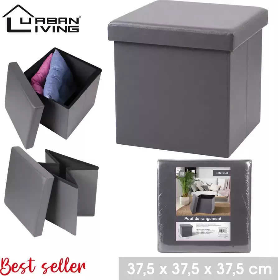 Urban Living Poef Leather BOX hocker opbergbox grijs PU mdf 38 x 38 cm opvouwbaar Poefs - Foto 2