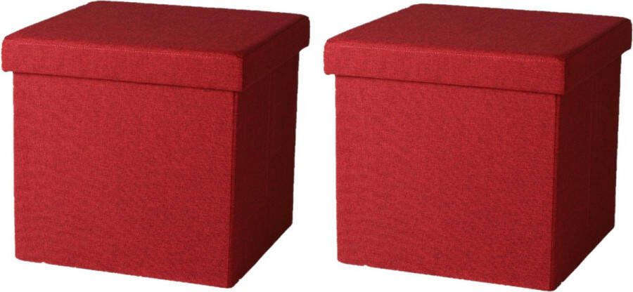 Urban Living Poef hocker 2x opbergbox zit krukje rood linnen mdf 37 x 37 cm opvouwbaar Poefs