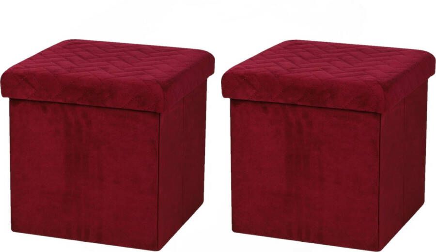 Urban Living Poef hocker 2x opbergbox zit krukje velvet rood polyester mdf 38 x 38 cm opvouwbaar Poefs - Foto 1