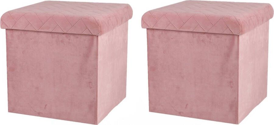 Urban Living Poef hocker 2x opbergbox zit krukje velvet roze polyester mdf 38 x 38 cm opvouwbaar
