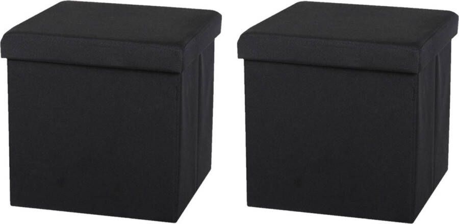 Urban Living Poef hocker 2x opbergbox zit krukje zwart linnen mdf 37 x 37 cm opvouwbaar Poefs