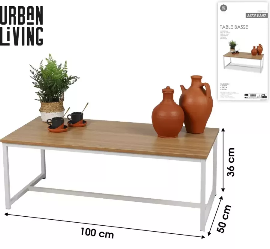 Meubel31 Urban Living Witte Metalen Salontafel met Houten Blad Strak Industrieel Design Rechthoek 100x50x36cm