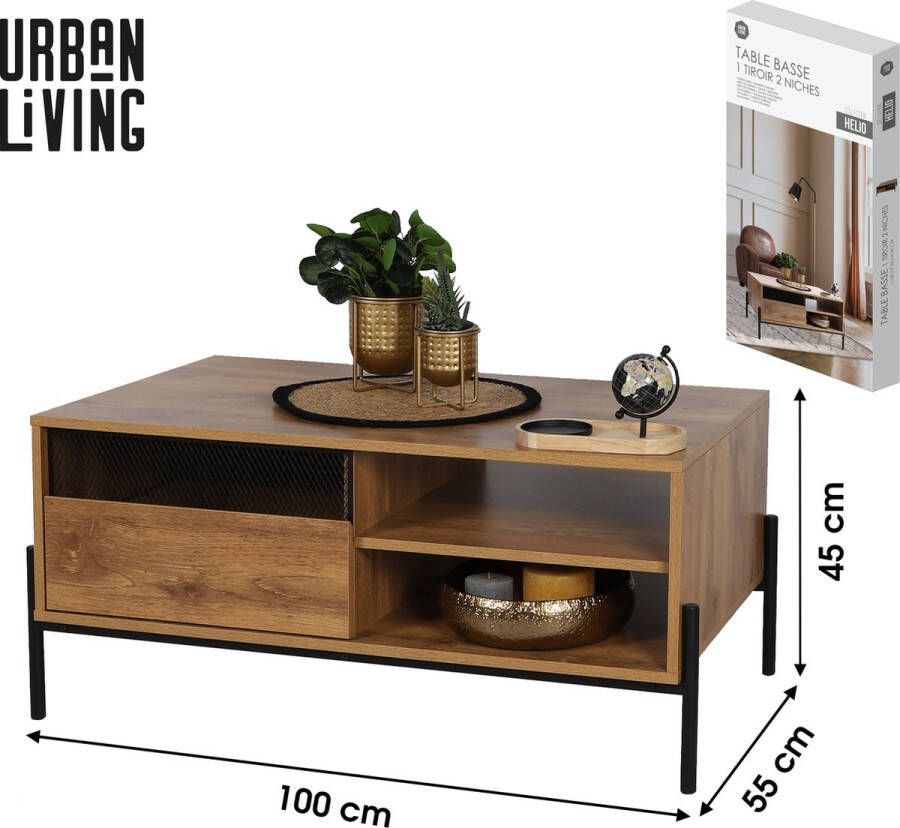 Urban Living SALONTAFEL MET 1 LADE EN 2 NISJES METALEN POTEN 100X55XH45CM