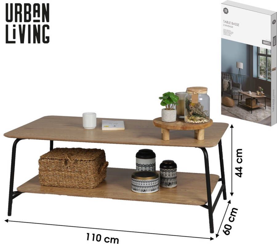 Urban Living SALONTAFEL MET 2 NIVEAUS MET ZWARTE METALEN STRUCTUUR 110X60XH44CM