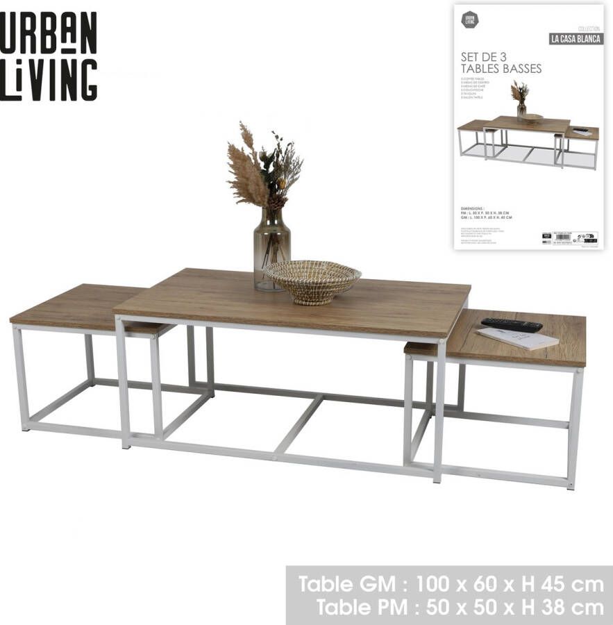 Urban Living SALONTAFEL X3 HOUT EN METAAL 1-100X60XH45CM + 2-50X50XH38CM