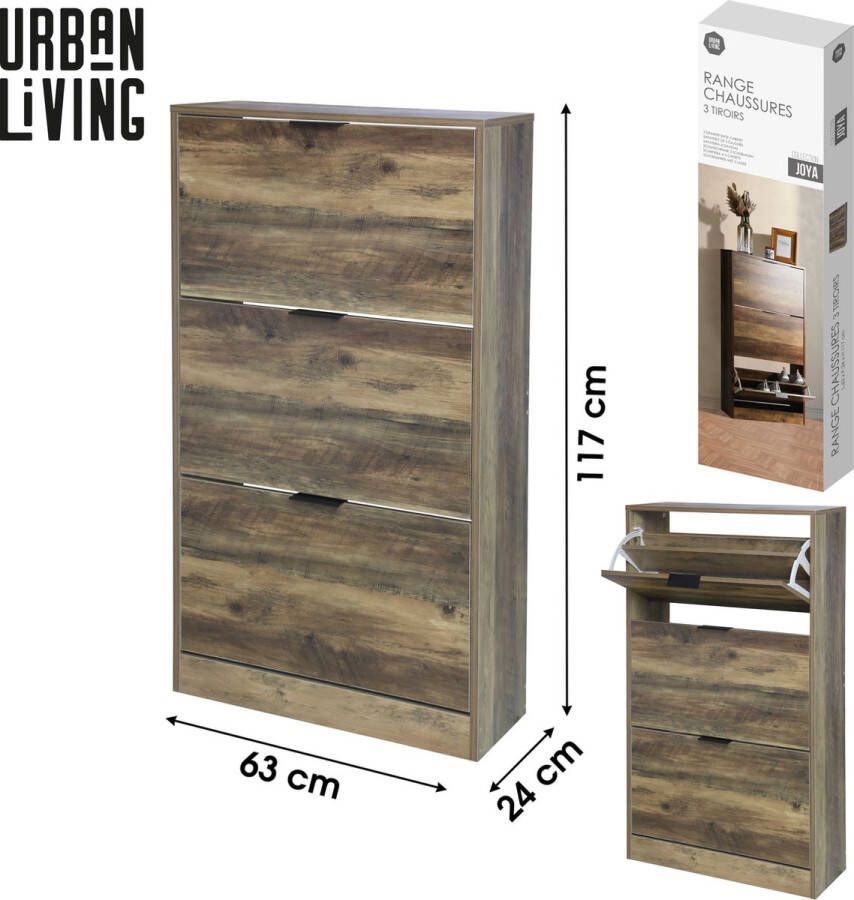 Urban Living SCHOENENREK 3 LADEN MET DEUREN MET NOTEN EFFECT 63X24XH117CM