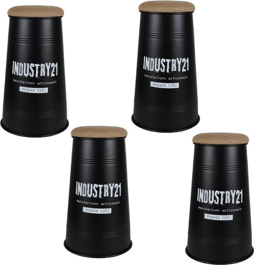 Urban Living SET VAN 4 TABOURET DE BAR CONIQUE NOIR AVEC ASSISE EN JUTE DIAM 40XH67CM