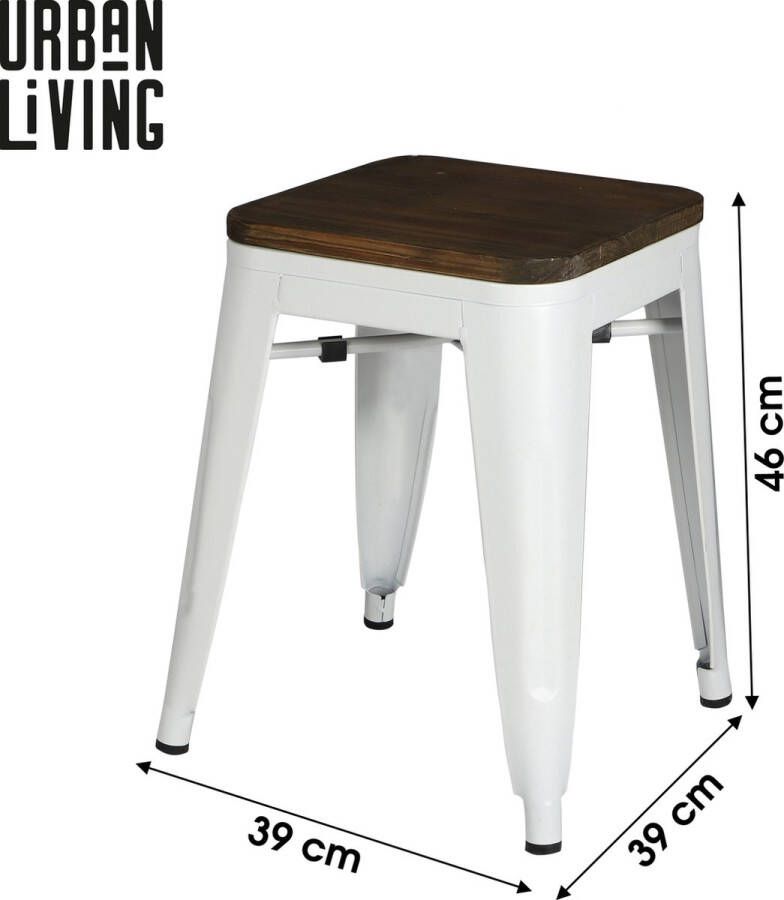 Urban Living TABOURET EN METAL BLANC MATE AVEC ASSISE EN BOIS 39X39XH46CM