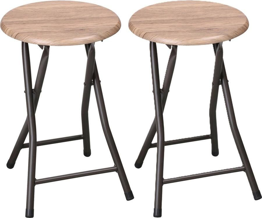 Urban Living Bijzet krukjes 2x zwart beige metaal hout D30 x H45 cm opvouwbaar