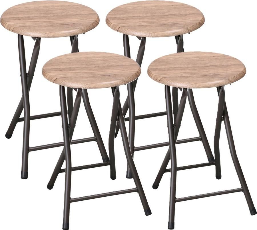 Urban Living Bijzet krukjes 4x zwart beige metaal hout D30 x H45 cm opvouwbaar