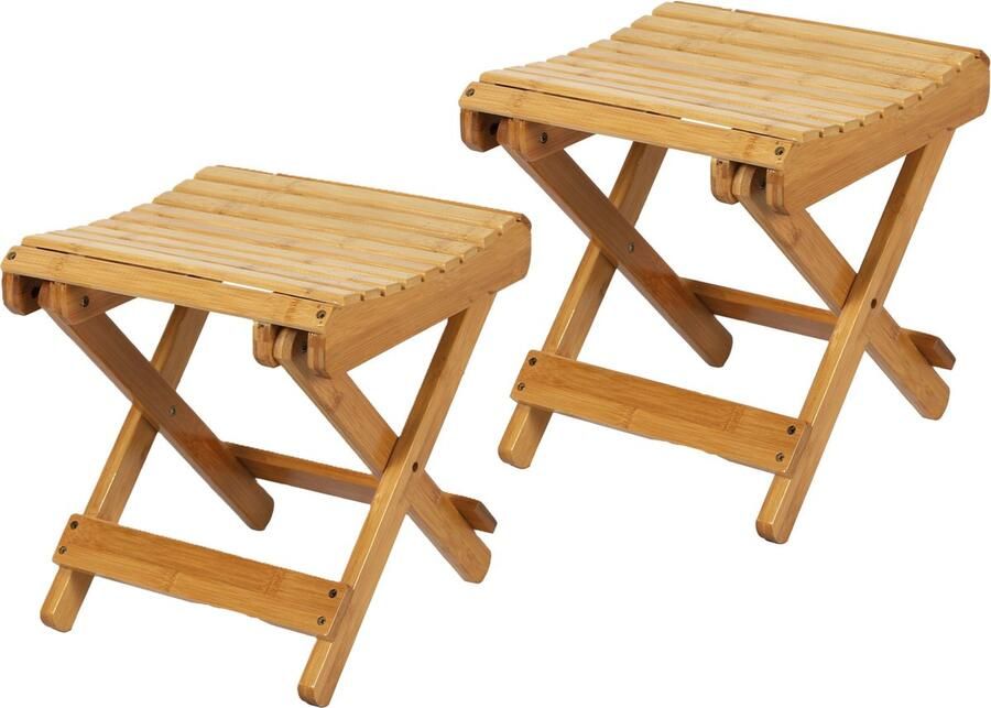 Urban Living Bijzet krukje stoel 2x Inklapbaar lichtbruin vouwkruk bamboe 28 x 31 cm