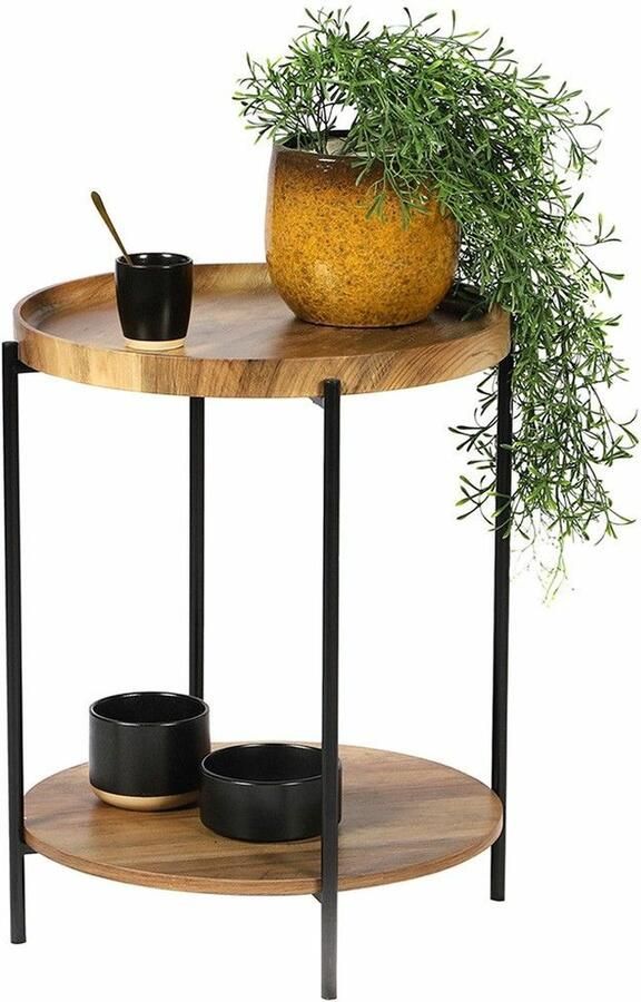 Urban Living Bijzettafel koffietafel Joya hout metaal zwart D42 x H51 cm salontafel