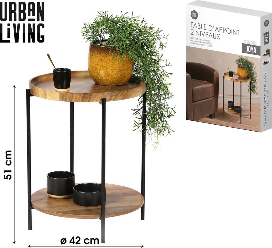 Urban Living Bijzettafel koffietafel Joya hout metaal zwart D42 x H51 cm salontafel